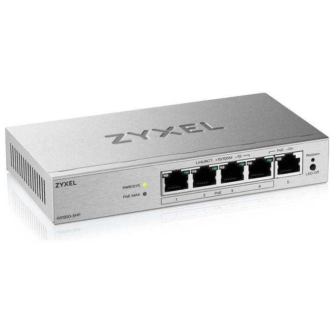 Zyxel GS1200-5HPV3 switch gestito L2, 5 porte Gigabit Ethernet, PoE+ 4 porte 68W, web managed, VLAN, QoS, desktop, fanless