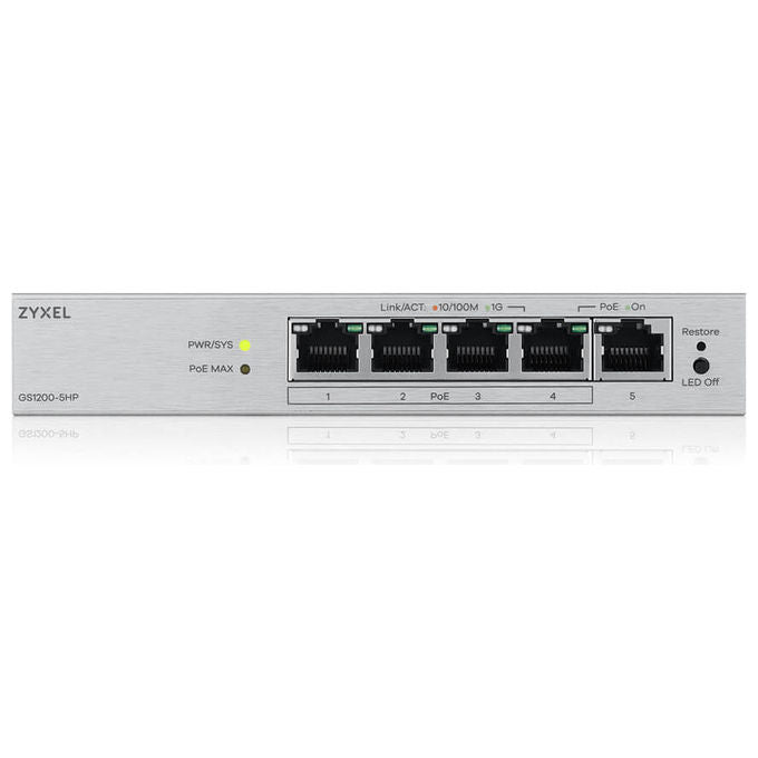 Zyxel GS1200-5HPV3 switch gestito L2, 5 porte Gigabit Ethernet, PoE+ 4 porte 68W, web managed, VLAN, QoS, desktop, fanless