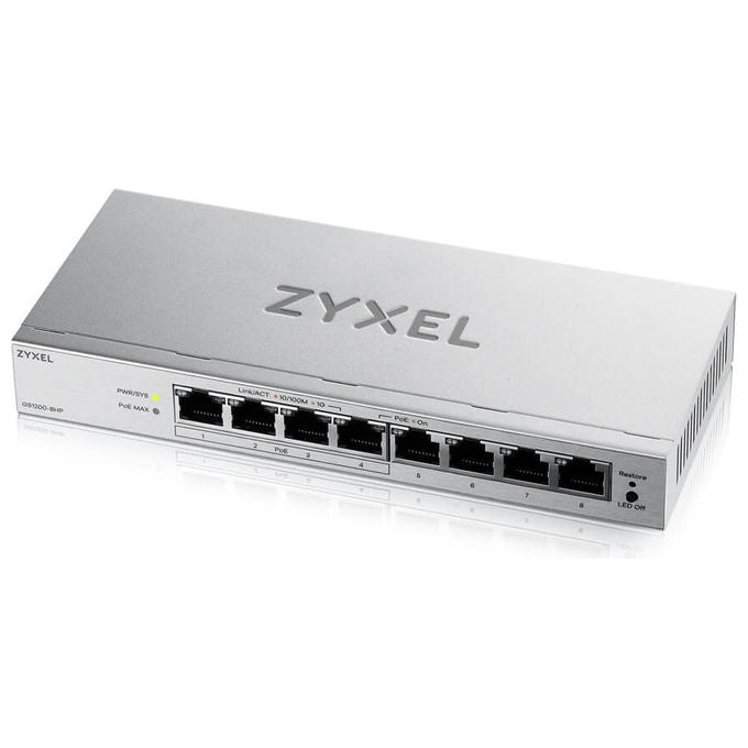 Zyxel GS1200-8HPV3 switch gestito L2, 8 porte Gigabit, 4 porte PoE 68W, desktop, fanless, grigio