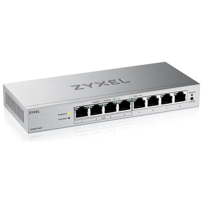 Zyxel GS1200-8HPV3 switch gestito L2, 8 porte Gigabit, 4 porte PoE 68W, desktop, fanless, grigio