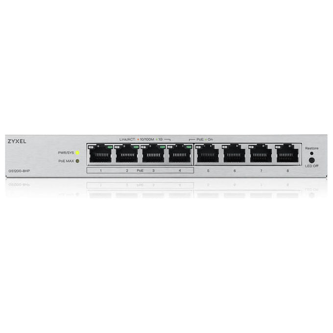 Zyxel GS1200-8HPV3 switch gestito L2, 8 porte Gigabit, 4 porte PoE 68W, desktop, fanless, grigio