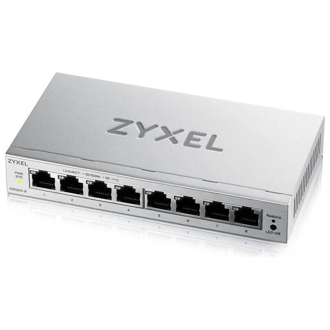 Zyxel switch gestito L2 GS1200-8V3, 8 porte Gigabit Ethernet, 16 Gbit-s, VLAN, QoS, fanless, desktop, grigio