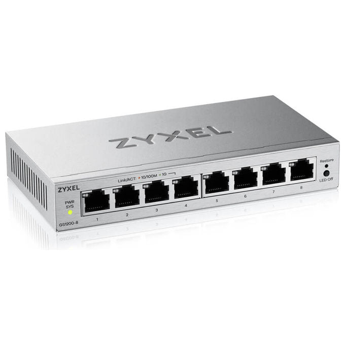 Zyxel switch gestito L2 GS1200-8V3, 8 porte Gigabit Ethernet, 16 Gbit-s, VLAN, QoS, fanless, desktop, grigio