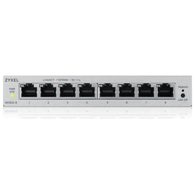 Zyxel switch gestito L2 GS1200-8V3, 8 porte Gigabit Ethernet, 16 Gbit-s, VLAN, QoS, fanless, desktop, grigio
