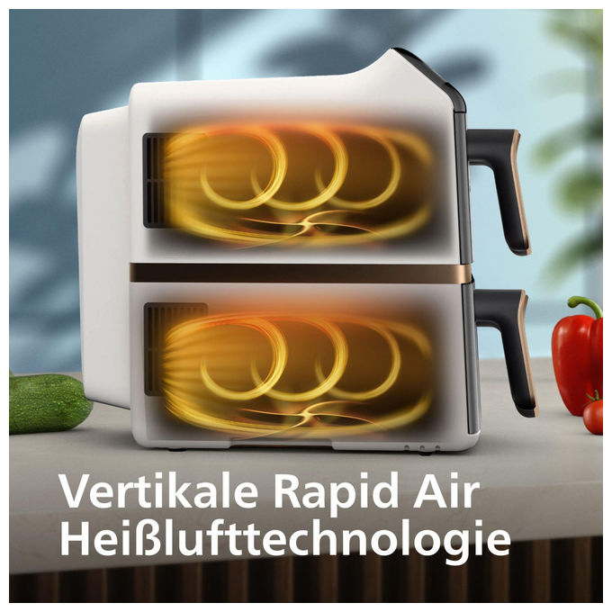 Philips airfryer serie 4000 doppio cestello verticale, 10 l, 2750 w, 13 modalita', rivestimento ceramica, touch, bianco