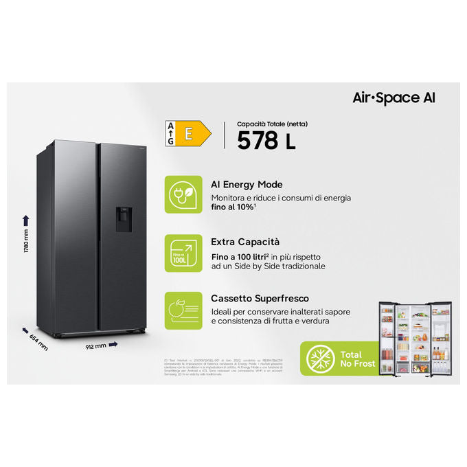 Samsung RS57DG410EB4EF Frigorifero Side by Side 578 L Classe E Wi-Fi (91x1 Flo78x65.4 cm) colore Nero
