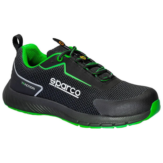 Sparco BTB0002B0K15039 Traction Sanyo Scarpe Antinfortunistiche S1PS ESD SR FO HRO Puntale in Vetroresina Suola Antiscivolo Gomma Nitrilica colore Nero Verde Fluo