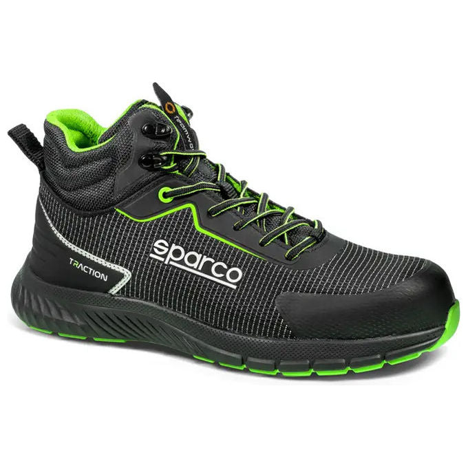 Sparco scarpe antinfortunistiche alte Traction-H Naoki, S3S ESD HRO, puntale in vetroresina, metal free, idrorepellenti, nero-verde, taglia 44