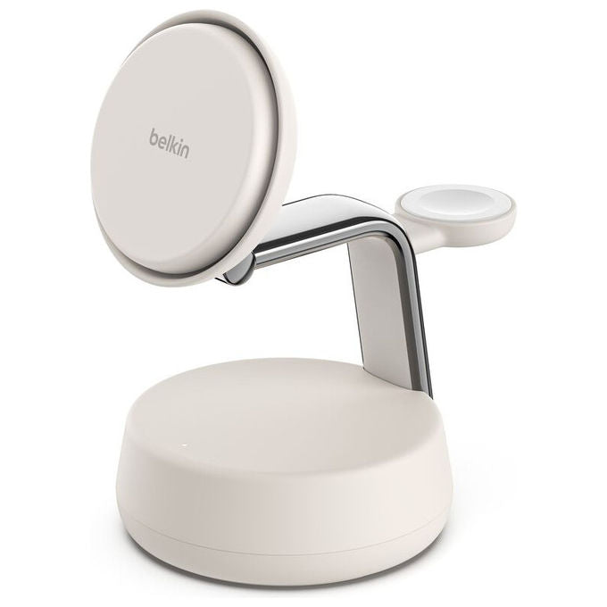Belkin dock di ricarica magnetica 3 in 1 Qi2 25W, UltraCharge Pro, iPhone Apple Watch AirPods, ChillBoost, sabbia