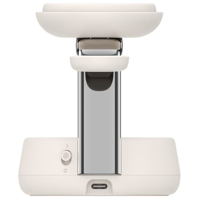 Belkin dock di ricarica magnetica 3 in 1 Qi2 25W, UltraCharge Pro, iPhone Apple Watch AirPods, ChillBoost, sabbia