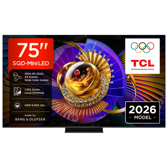 TCL televisore 75C7L SQD-Mini LED 75 pollici, 4K Ultra HD, 3000 nit, 144Hz, Google TV, Dolby Vision e Atmos, audio Bang and Olufsen
