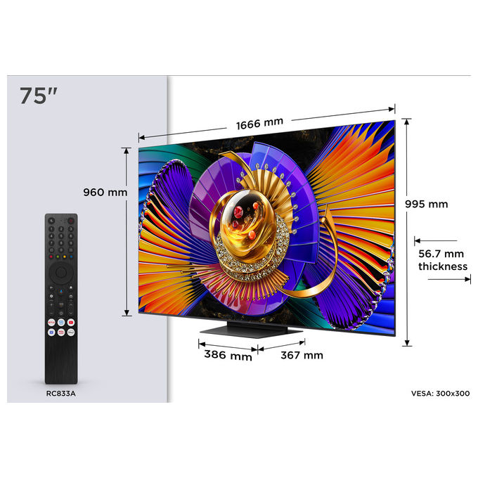 TCL televisore 75C7L SQD-Mini LED 75 pollici, 4K Ultra HD, 3000 nit, 144Hz, Google TV, Dolby Vision e Atmos, audio Bang and Olufsen