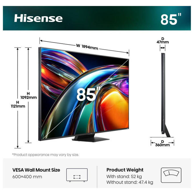 Hisense smart tv 85UR9S, 85 pollici, RGB Mini LED 4K, 180Hz, 5000 nit, Dolby Vision, HDMI 2.1, Wi-Fi 6E, VIDAA