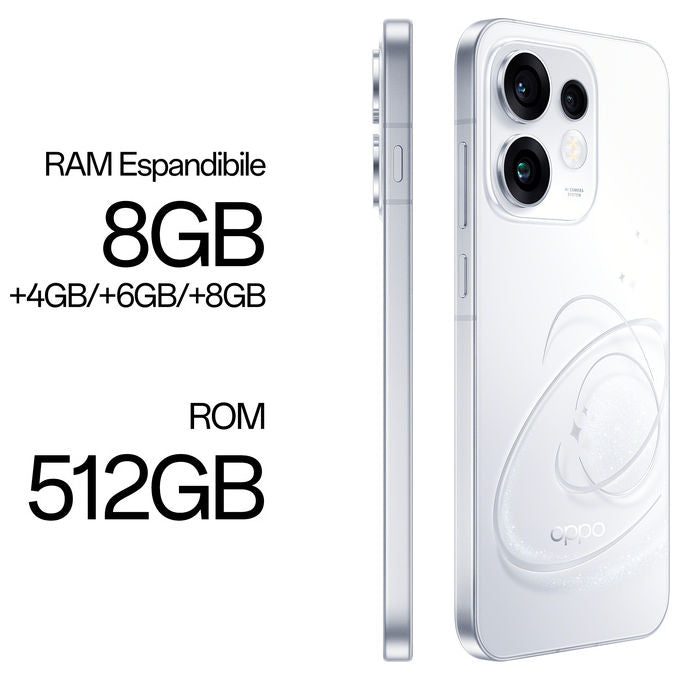 Oppo 110010237512 Reno16 5G Smartphone Tripla fotocamera 50MP+50MP+50MP Selfie 50MP Display 6.32 AMOLED 120Hz RAM 8GB ROM 512GB Batteria 6000mAh colore Bianco