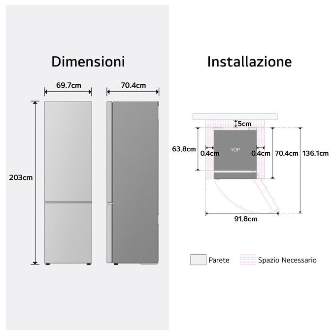 LG GBBW322CEV Frigorifero Combinato 70cm Classe C 465L Wi-Fi Total No Frost Acciaio Nero (697x2030x704 cm) colore Nero