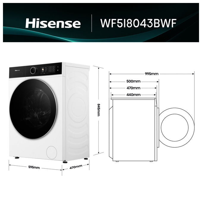 Hisense WF5I8043BWF Lavatrice Frontale 8 Kg 1400 rpm Classe A Vapore Wi-Fi Inverter (85x60x47 cm) colore Bianco