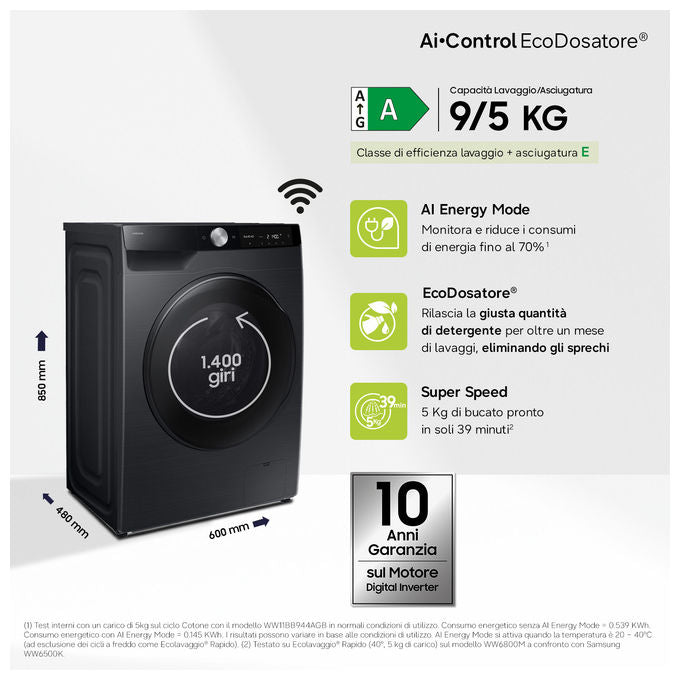 Samsung WD90DG6G94BB Lavasciuga Frontale 9-5 Kg 1400 rpm Classe A AI Wash ecobubble Wi-Fi (85x60x48 cm) colore Nero