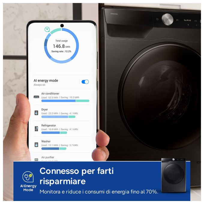 Samsung WD90DG6G94BB Lavasciuga Frontale 9-5 Kg 1400 rpm Classe A AI Wash ecobubble Wi-Fi (85x60x48 cm) colore Nero