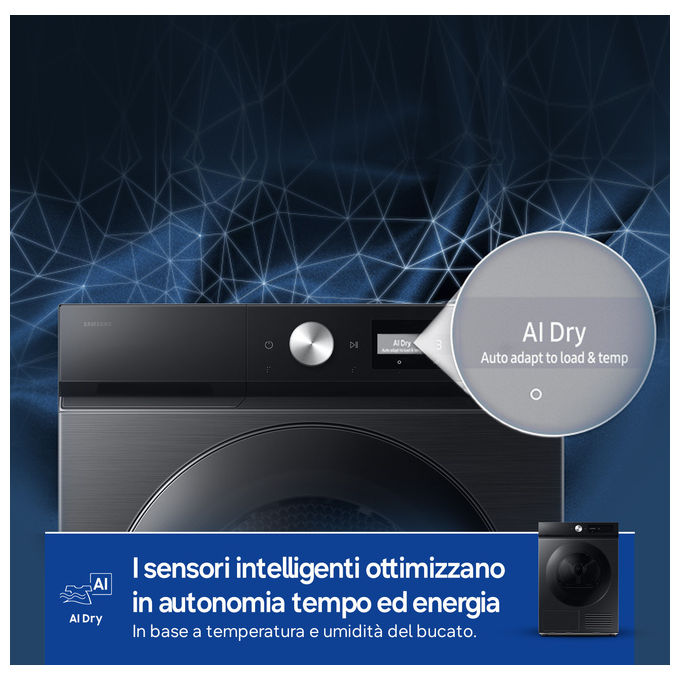 Samsung DV90DB7845GBU3 Bespoke AI Asciugatrice Pompa di Calore 9 Kg Classe A Wi-Fi (85x60x60 cm) colore Nero
