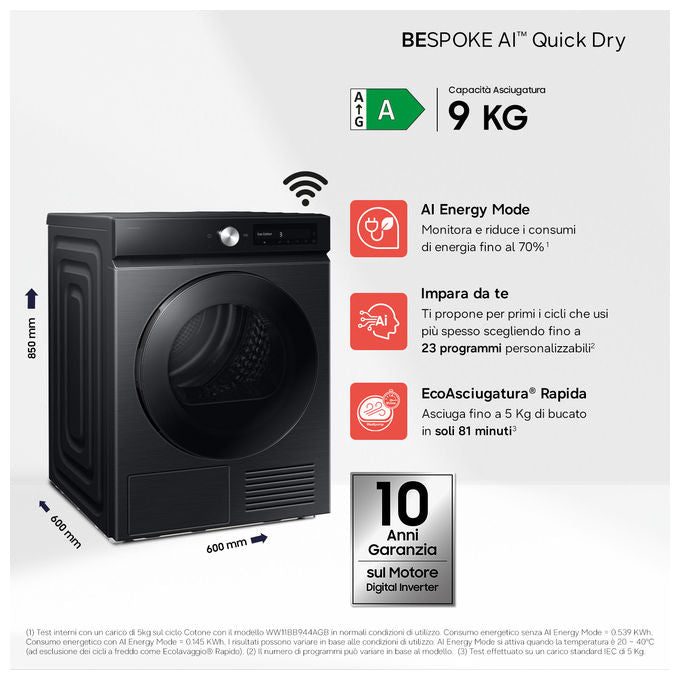 Samsung DV90DB7845GBU3 Bespoke AI Asciugatrice Pompa di Calore 9 Kg Classe A Wi-Fi (85x60x60 cm) colore Nero