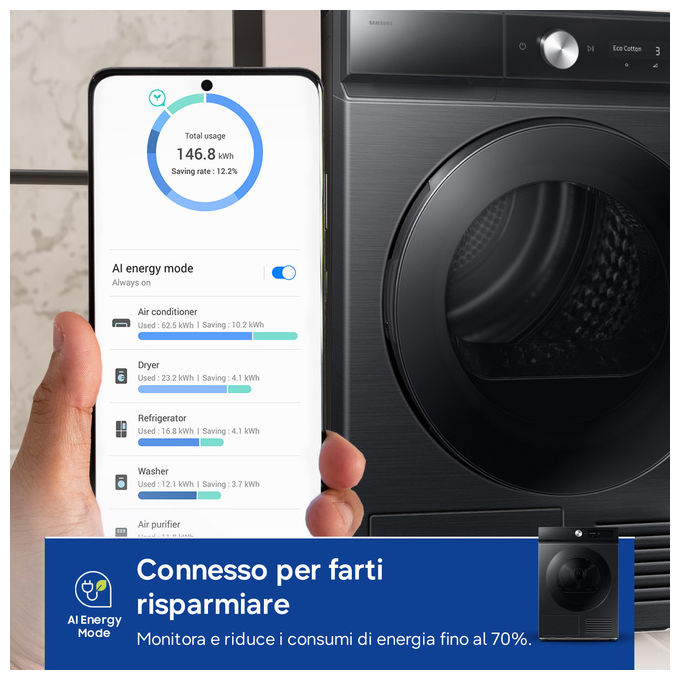 Samsung DV90DB7845GBU3 Bespoke AI Asciugatrice Pompa di Calore 9 Kg Classe A Wi-Fi (85x60x60 cm) colore Nero