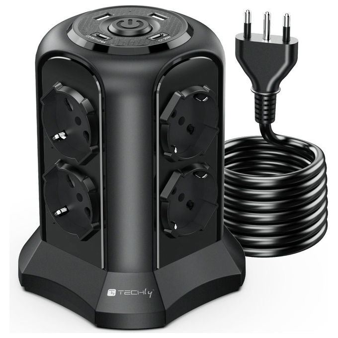 Techly IUPS-PCP-TOWER02 Multipresa a Torretta Salvaspazio 8 Posti Italiana Schuko 2 USB-A 2 USB-C 4000W 16A colore Nero