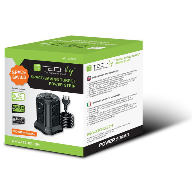 Techly IUPS-PCP-TOWER02 Multipresa a Torretta Salvaspazio 8 Posti Italiana Schuko 2 USB-A 2 USB-C 4000W 16A colore Nero