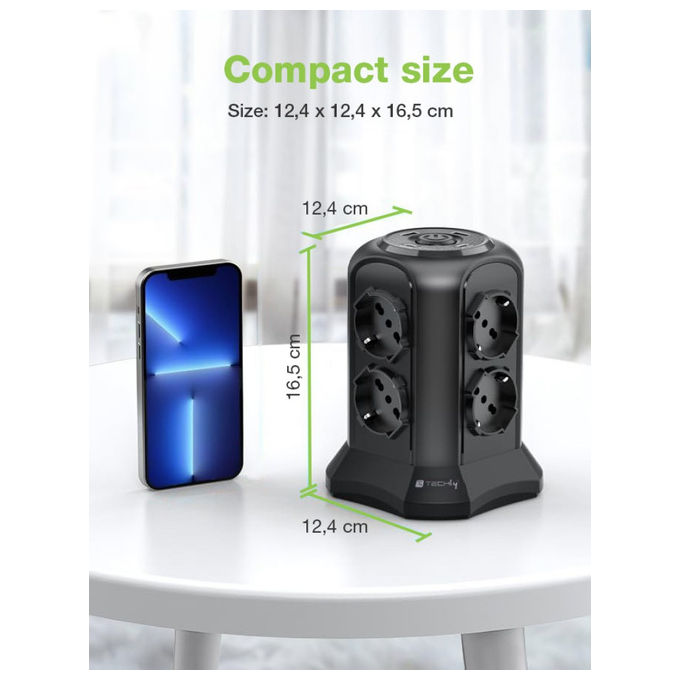 Techly IUPS-PCP-TOWER02 Multipresa a Torretta Salvaspazio 8 Posti Italiana Schuko 2 USB-A 2 USB-C 4000W 16A colore Nero
