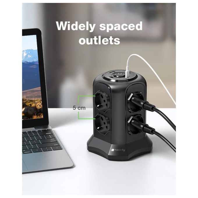 Techly IUPS-PCP-TOWER02 Multipresa a Torretta Salvaspazio 8 Posti Italiana Schuko 2 USB-A 2 USB-C 4000W 16A colore Nero