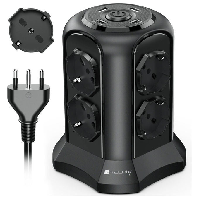 Techly IUPS-PCP-TOWER02 Multipresa a Torretta Salvaspazio 8 Posti Italiana Schuko 2 USB-A 2 USB-C 4000W 16A colore Nero