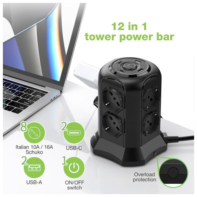 Techly IUPS-PCP-TOWER02 Multipresa a Torretta Salvaspazio 8 Posti Italiana Schuko 2 USB-A 2 USB-C 4000W 16A colore Nero