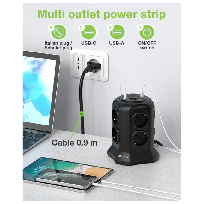 Techly IUPS-PCP-TOWER02 Multipresa a Torretta Salvaspazio 8 Posti Italiana Schuko 2 USB-A 2 USB-C 4000W 16A colore Nero