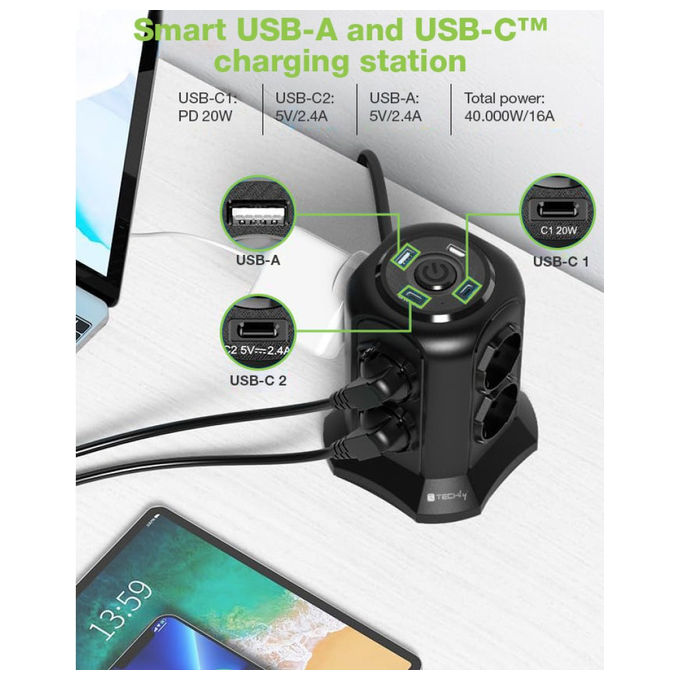 Techly IUPS-PCP-TOWER02 Multipresa a Torretta Salvaspazio 8 Posti Italiana Schuko 2 USB-A 2 USB-C 4000W 16A colore Nero