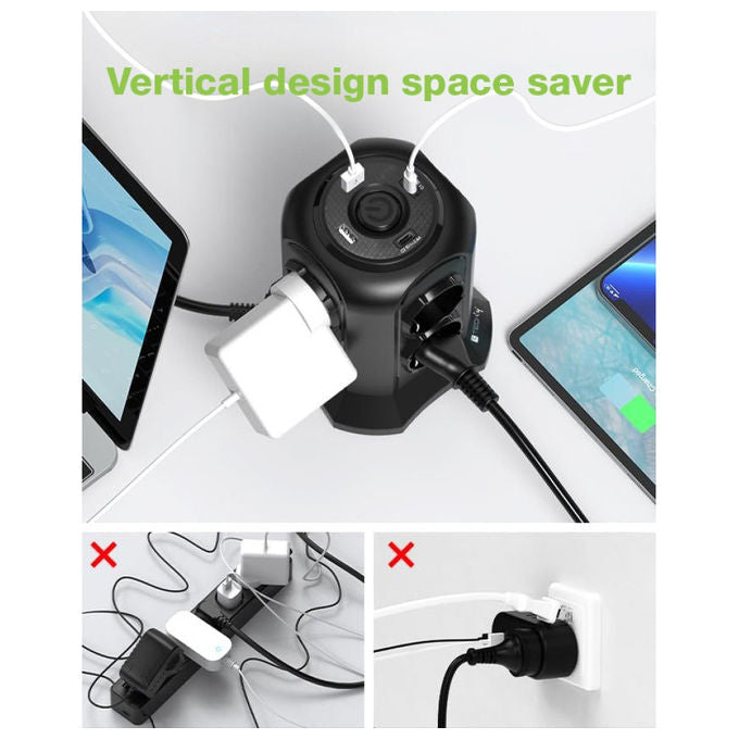 Techly IUPS-PCP-TOWER02 Multipresa a Torretta Salvaspazio 8 Posti Italiana Schuko 2 USB-A 2 USB-C 4000W 16A colore Nero