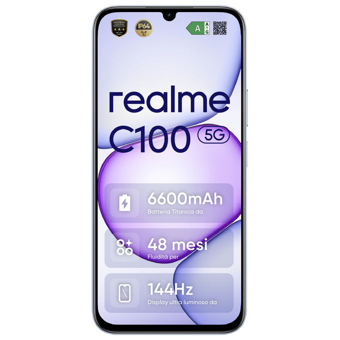 Realme C100 5G Smartphone 6.8'' MediaTek Dimensity 6300 4 GB RAM 128 GB 5G Dual SIM Fotocamera 50 MP Batteria 6600 mAh colore Viola
