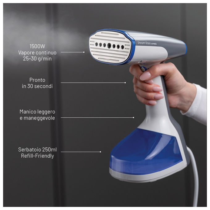 Imetec 9057 Steam Easy Express Stiratore Verticale Portatile 1500 W Vapore Continuo 30 g-min Serbatoio 250 ml colore Bianco