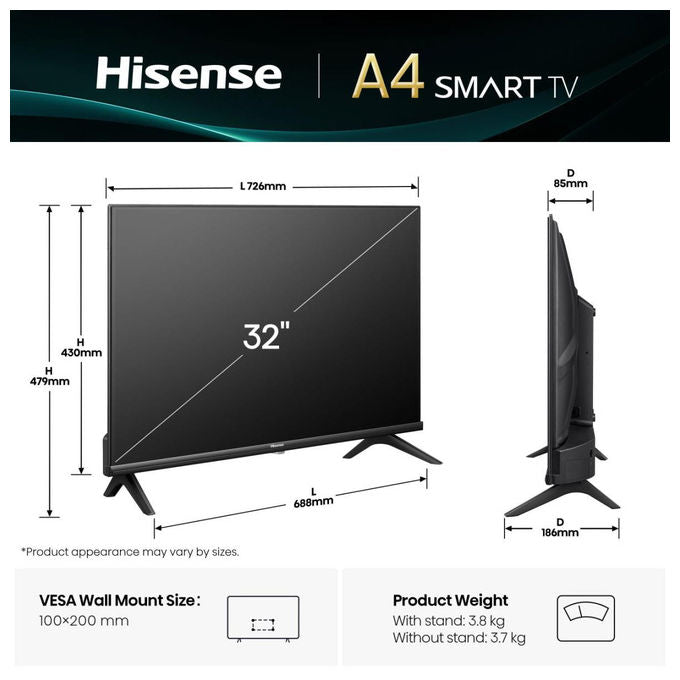 Hisense 32A4Q Smart TV 32'' HD DLED VIDAA Wi-Fi DVB-T2 HDR10 DTS Virtual:X colore Nero