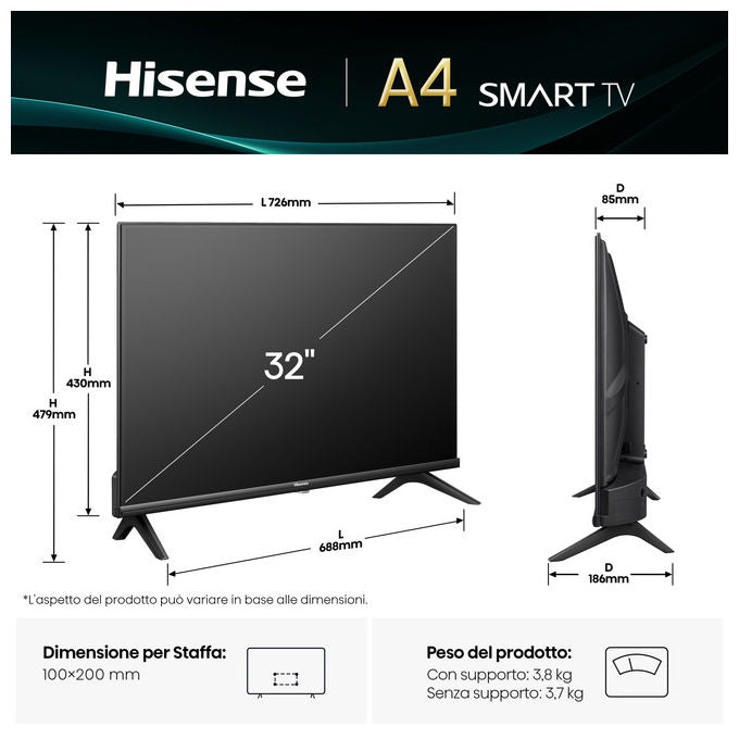 Hisense 32A4Q Smart TV 32'' HD DLED VIDAA Wi-Fi DVB-T2 HDR10 DTS Virtual:X colore Nero