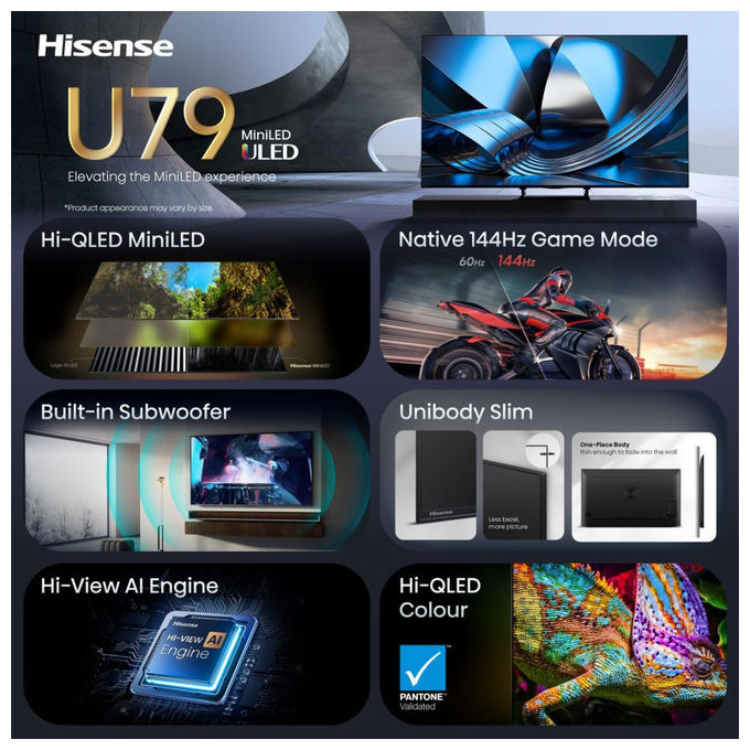 Hisense 75U79SE Smart TV ULED 75'' 4K Ultra HD 144Hz Dolby Vision HDR10+ FreeSync Premium Pro colore Nero