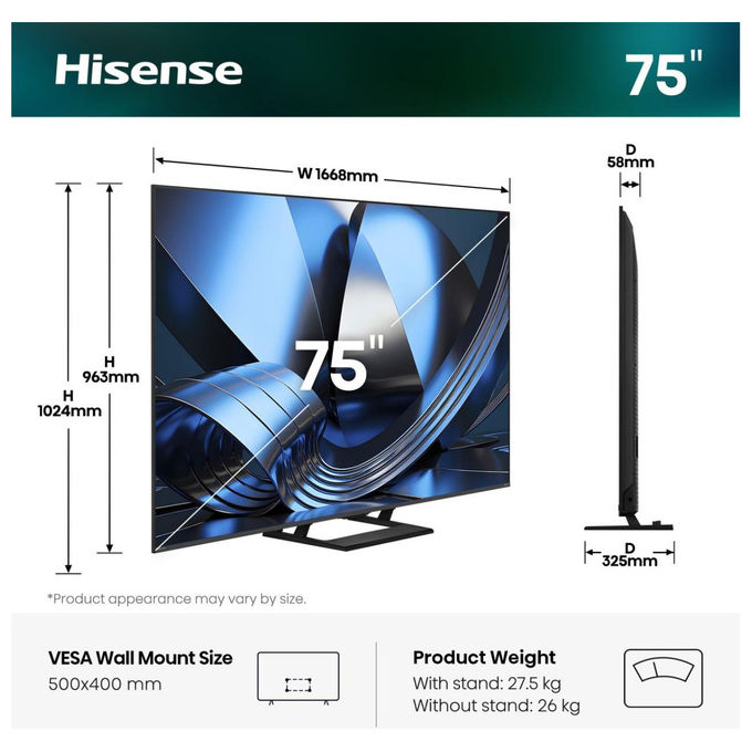 Hisense 75U79SE Smart TV ULED 75'' 4K Ultra HD 144Hz Dolby Vision HDR10+ FreeSync Premium Pro colore Nero