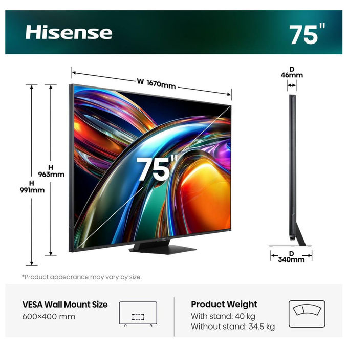 Hisense 75UR9S Smart TV RGB MiniLED 75'' 4K 180Hz Dolby Atmos 4.1.2 VIDAA Wi-Fi 6E colore Grigio