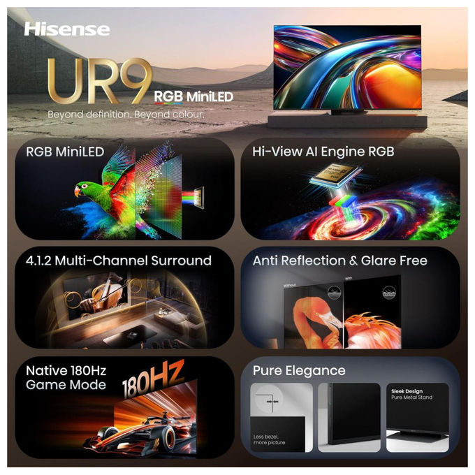 Hisense 75UR9S Smart TV RGB MiniLED 75'' 4K 180Hz Dolby Atmos 4.1.2 VIDAA Wi-Fi 6E colore Grigio