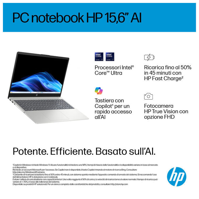 HP D70E4EA AI 15-fd2026nlx Notebook 15.6 Full HD Intel Core Ultra 5 225U 8GB RAM 512GB SSD Windows 11 Home colore Argento