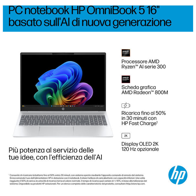 HP D70E7EA OmniBook 5 Laptop 16 pollici 16 GB RAM 512 GB SSD AMD Ryzen AI 5 330 Wi-Fi 6 Windows 11 Home colore Argento