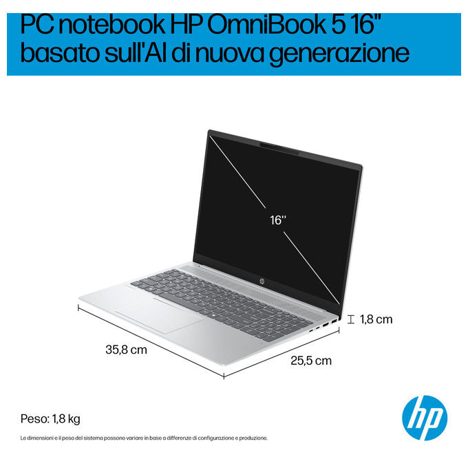 HP D70E7EA OmniBook 5 Laptop 16 pollici 16 GB RAM 512 GB SSD AMD Ryzen AI 5 330 Wi-Fi 6 Windows 11 Home colore Argento