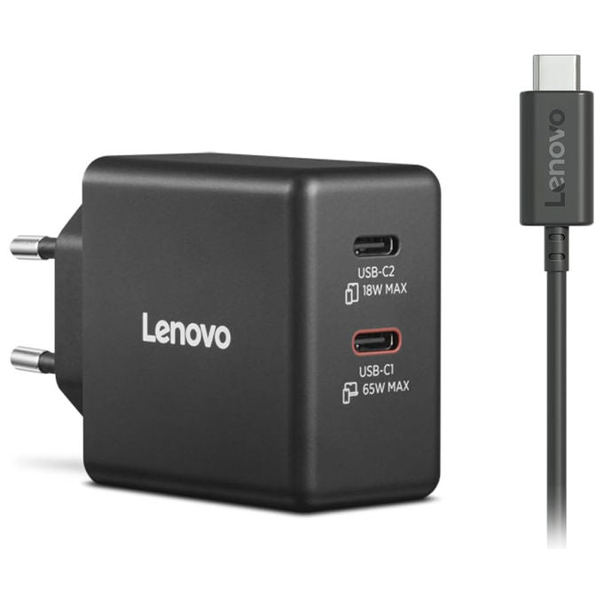 Lenovo G0A6065BEU Caricatore USB-C Doppio GaN 65W 2 Porte USB-C 45W 18W Cavo 1.5 m colore Nero