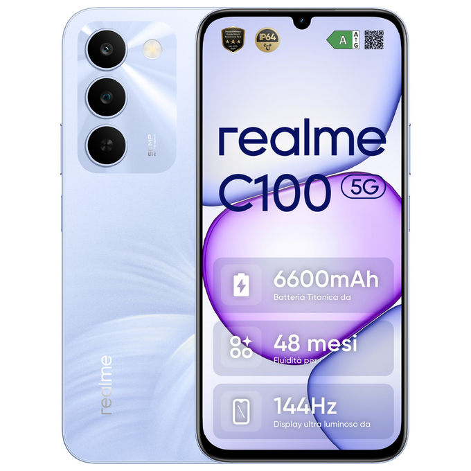 Realme C100 5G Smartphone Dual SIM 6.8'' LCD 144Hz MediaTek Dimensity 6300 4GB 256GB 50MP 6600mAh IP64 colore Viola