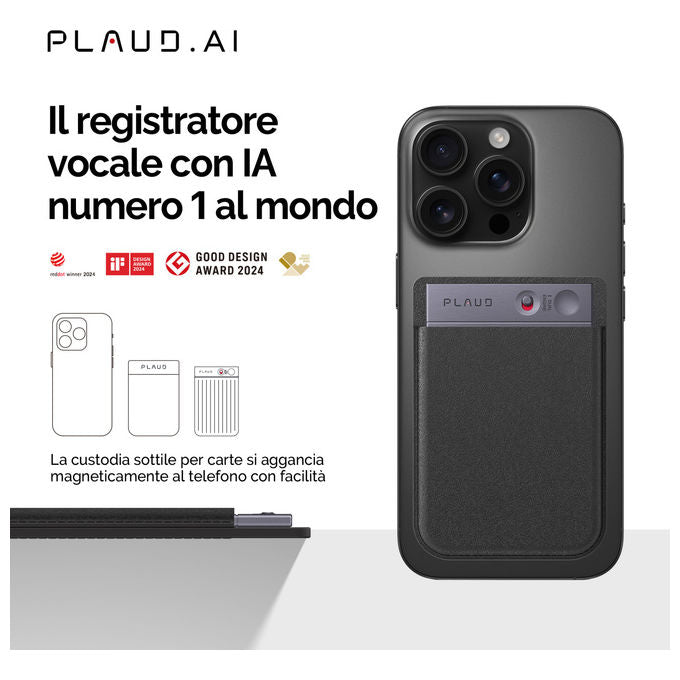 Plaud PLD-64G-BL NOTE Registratore Vocale AI 64 GB 3 Microfoni Trascrizione 112 Lingue ChatGPT 4o 400 mAh colore Nero