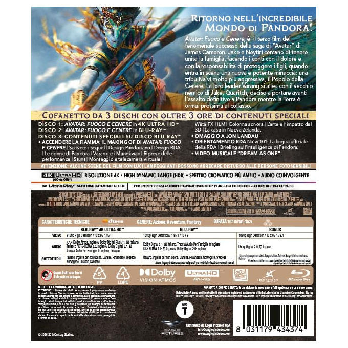 Eagle Pictures Avatar Fuoco e Cenere Cofanetto Blu-ray 4K UHD 3 Dischi Dolby Atmos Dolby Digital 7.1 197 min