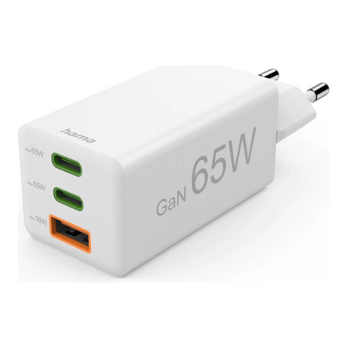 Hama 00201996 Caricatore USB Rapido GaN 3 Porte 2x USB-C PD 1x USB-A QC 3.0 65W colore Bianco